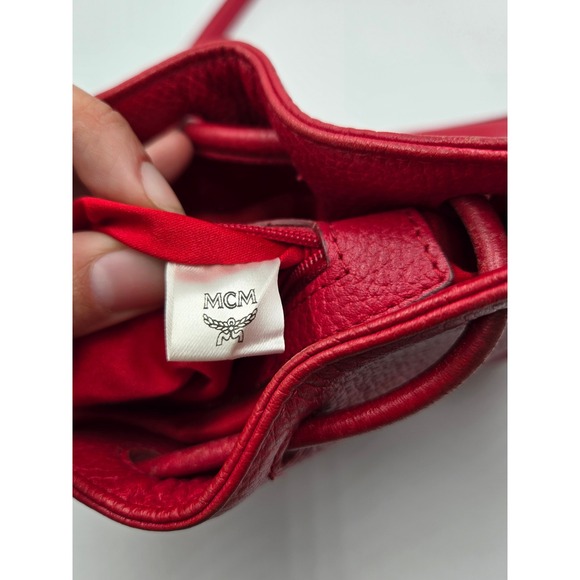 MCM Red Leather Bucket Bag Crossbody Drawstring‎ Gold Hardware Small - Picture 8 of 11